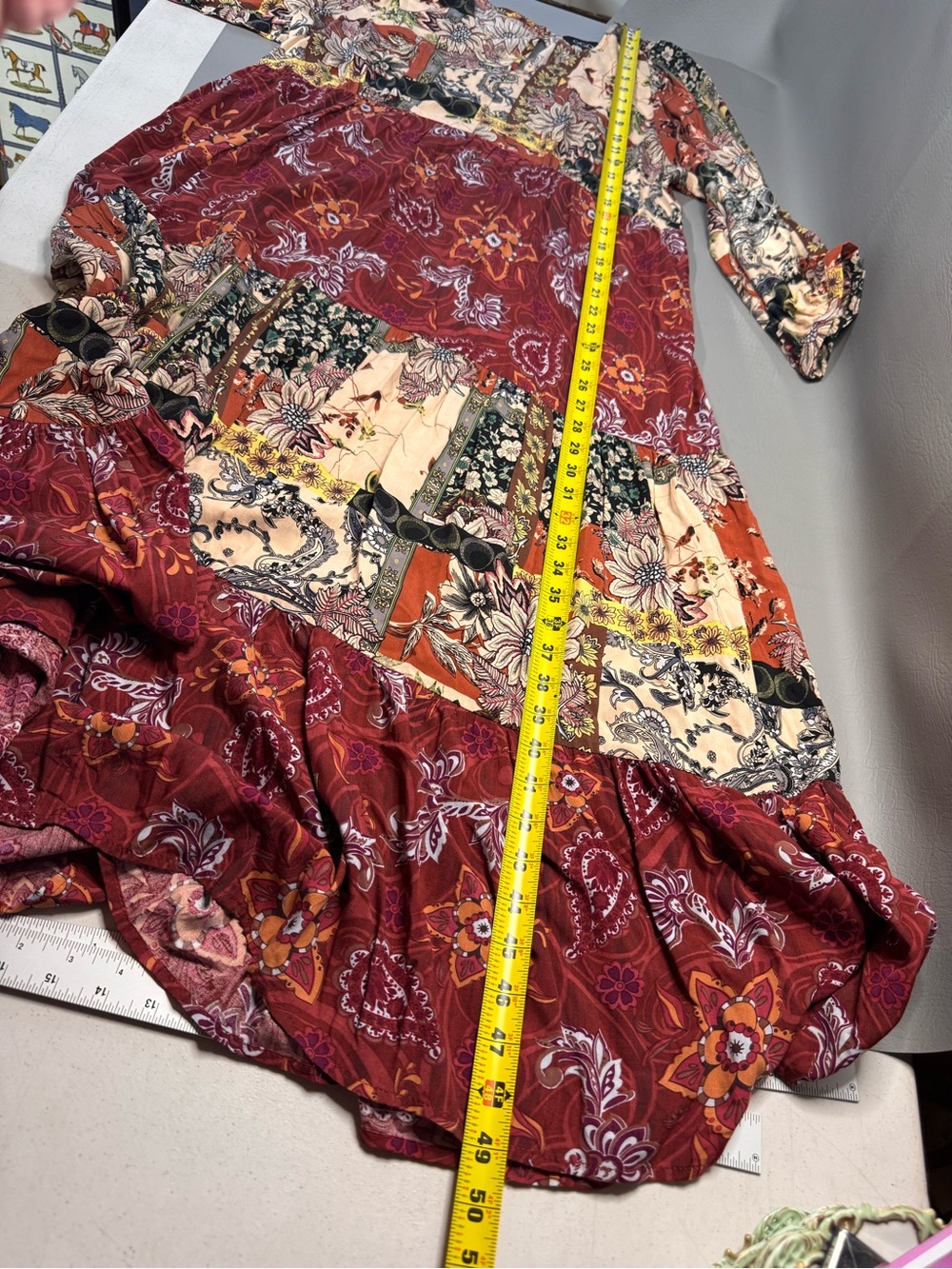 Burgandy Gigio by Umgee Mixed Print Tiered V-Neck Maxi Dress Patchwork Bohemian - Picture 8 of 11